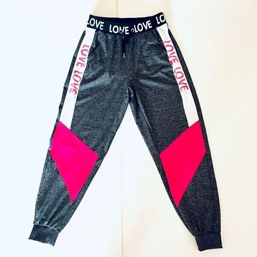 New Look L Marled Grey white black & pink LOVE Graphic Drawstring Sweatpants